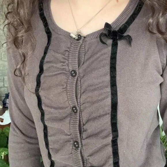 H&M Ruffled Bow Velvet Button Down Cardigan - Picture 2 of 4